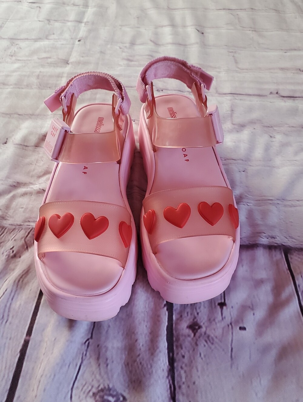 Melissa x Lazy Oaf Pink Platform Sandals with Red Heart Accents - Picture 3 of 13